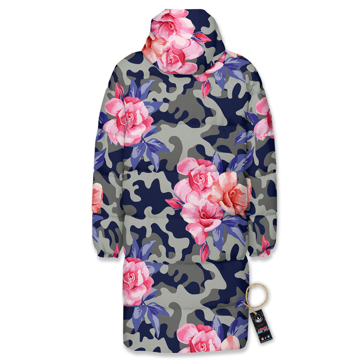 Camouflage Flower Pink Rose Print Long Down Jacket-grizzshop