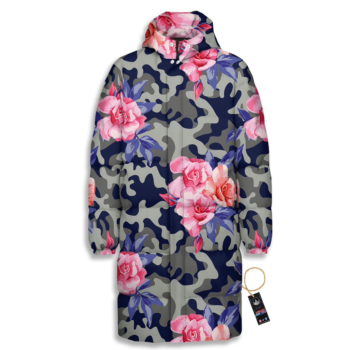 Camouflage Flower Pink Rose Print Long Down Jacket-grizzshop
