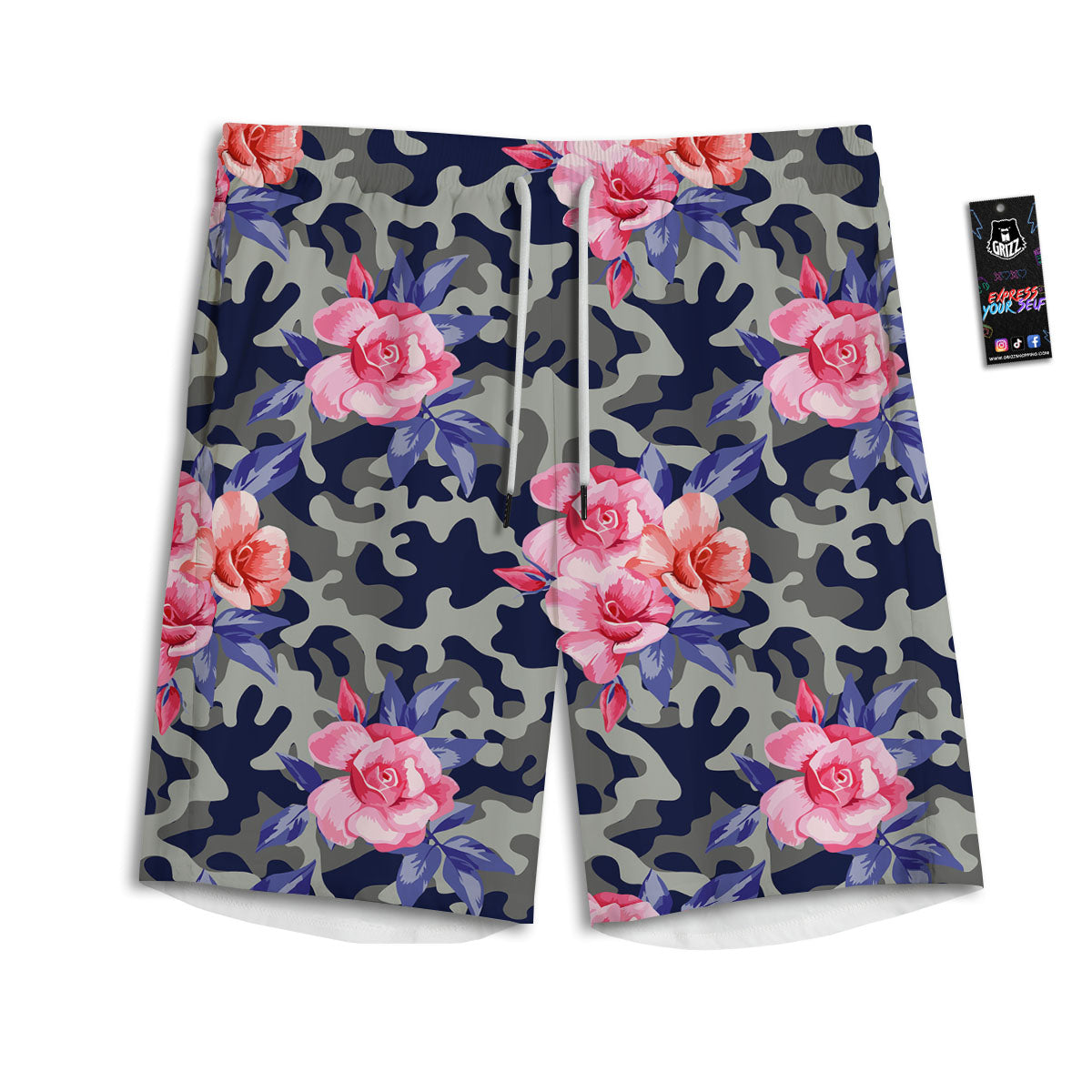 Camouflage Flower Pink Rose Print Men's Athletic Shorts