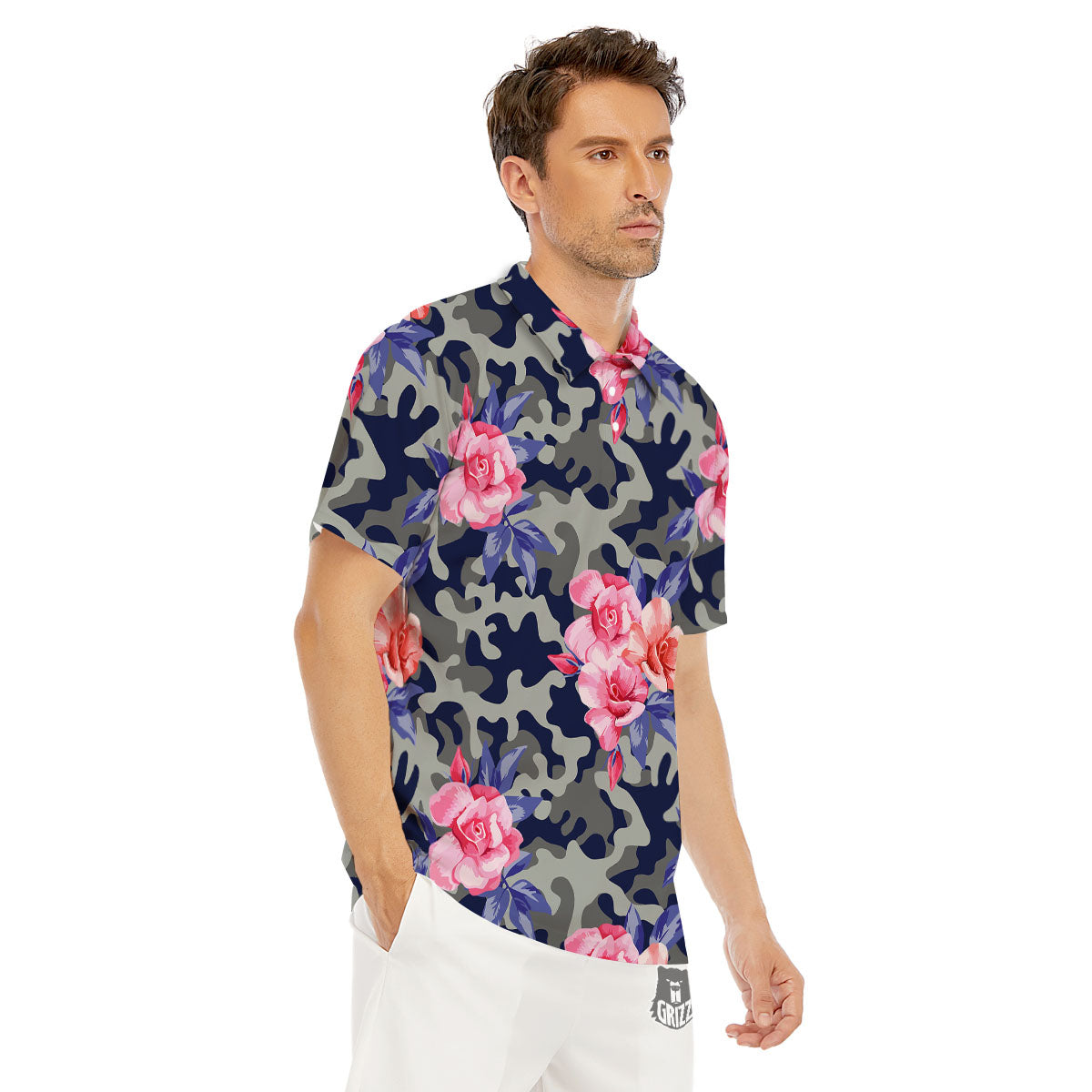 Camouflage Flower Pink Rose Print Men's Golf Shirts-grizzshop