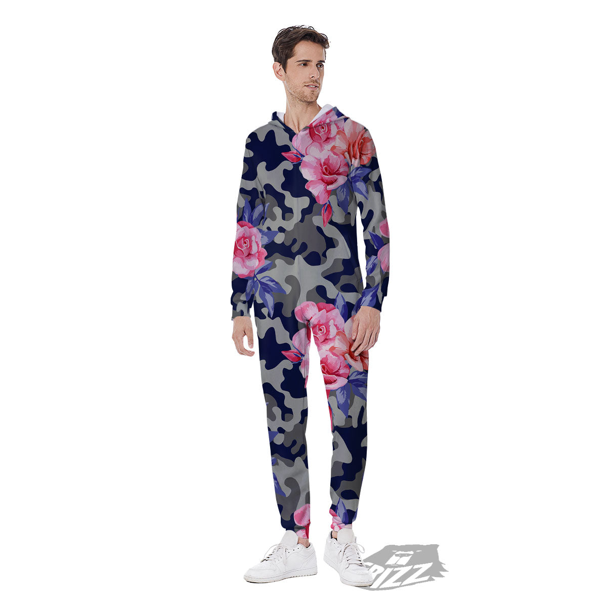 Camouflage Flower Pink Rose Print Men's Jumpsuit-grizzshop