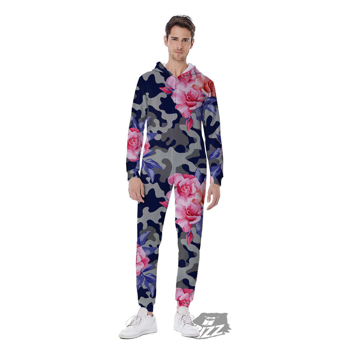 Camouflage Flower Pink Rose Print Men's Jumpsuit-grizzshop