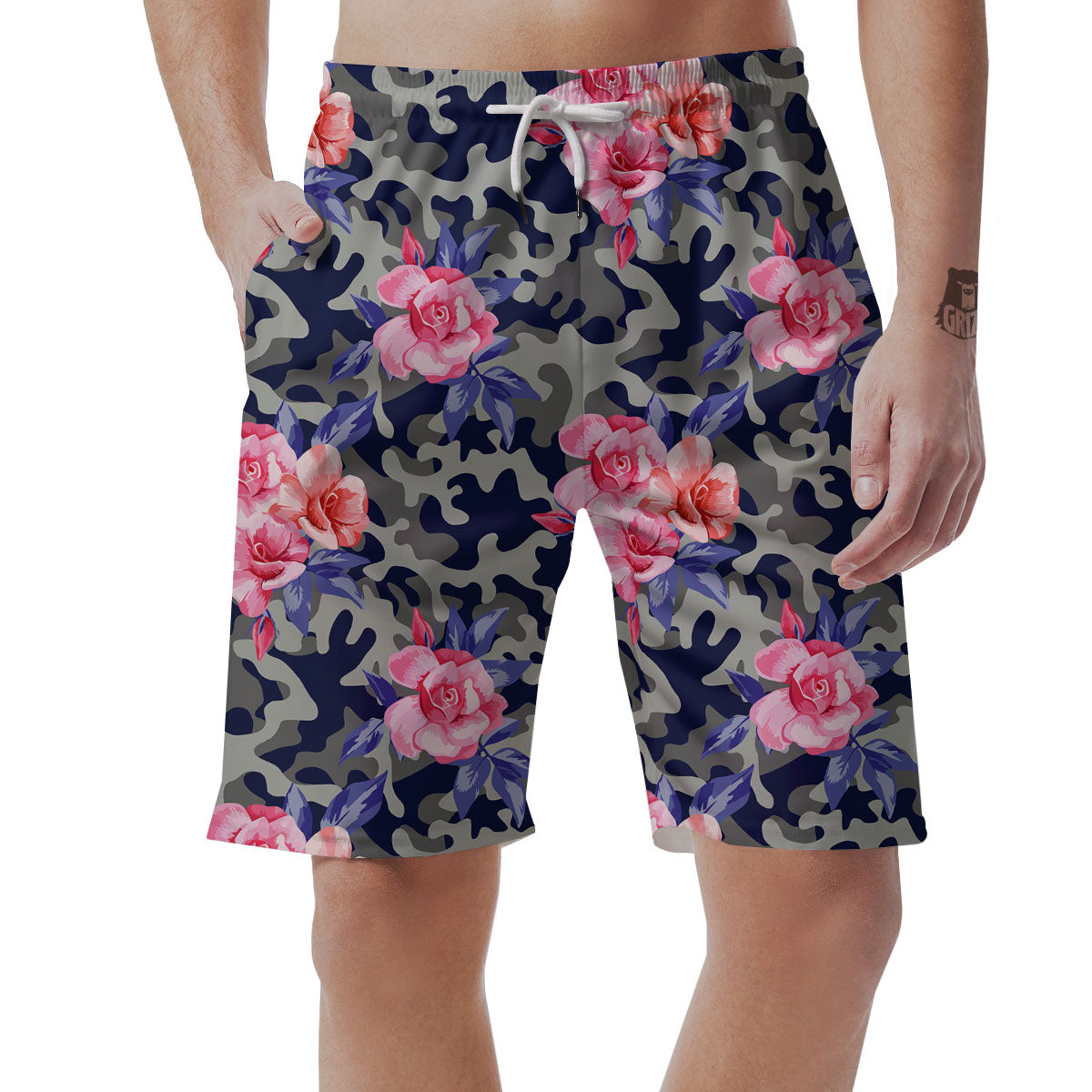 Camouflage Flower Pink Rose Print Men's Shorts-grizzshop