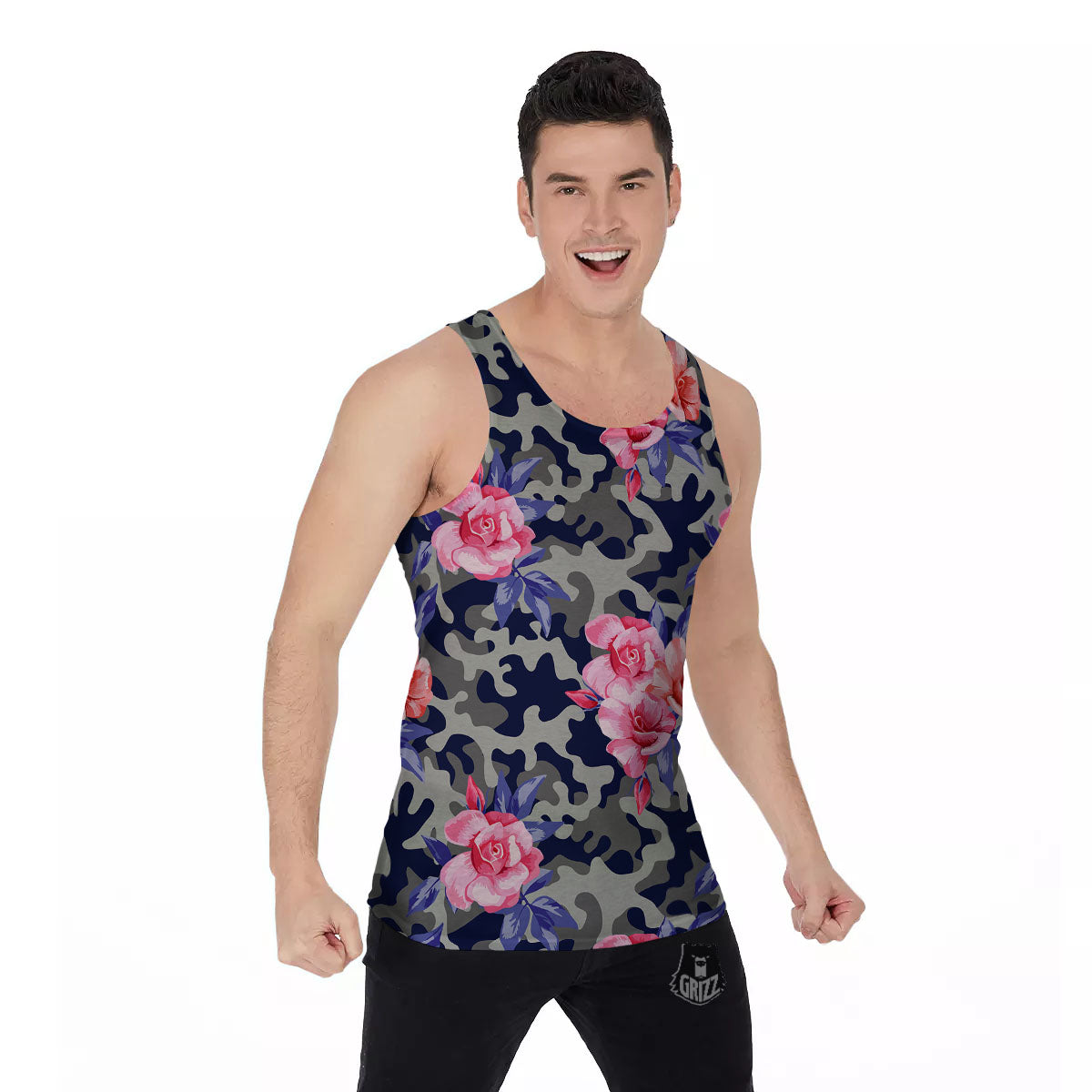 Camouflage Flower Pink Rose Print Men's Tank Top-grizzshop