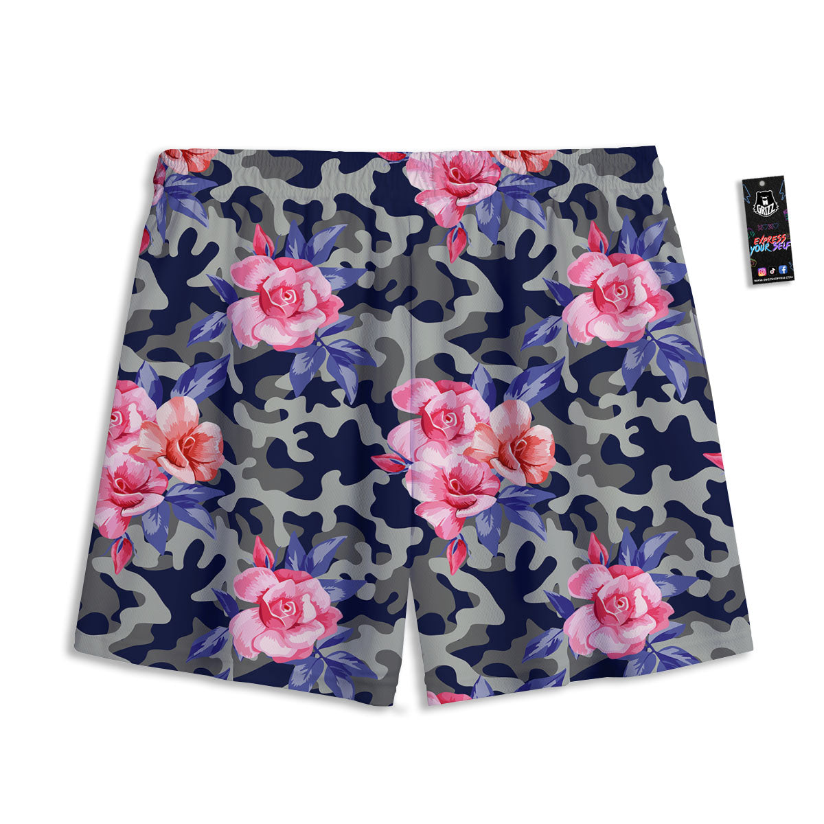 Camouflage Flower Pink Rose Print Mesh Shorts