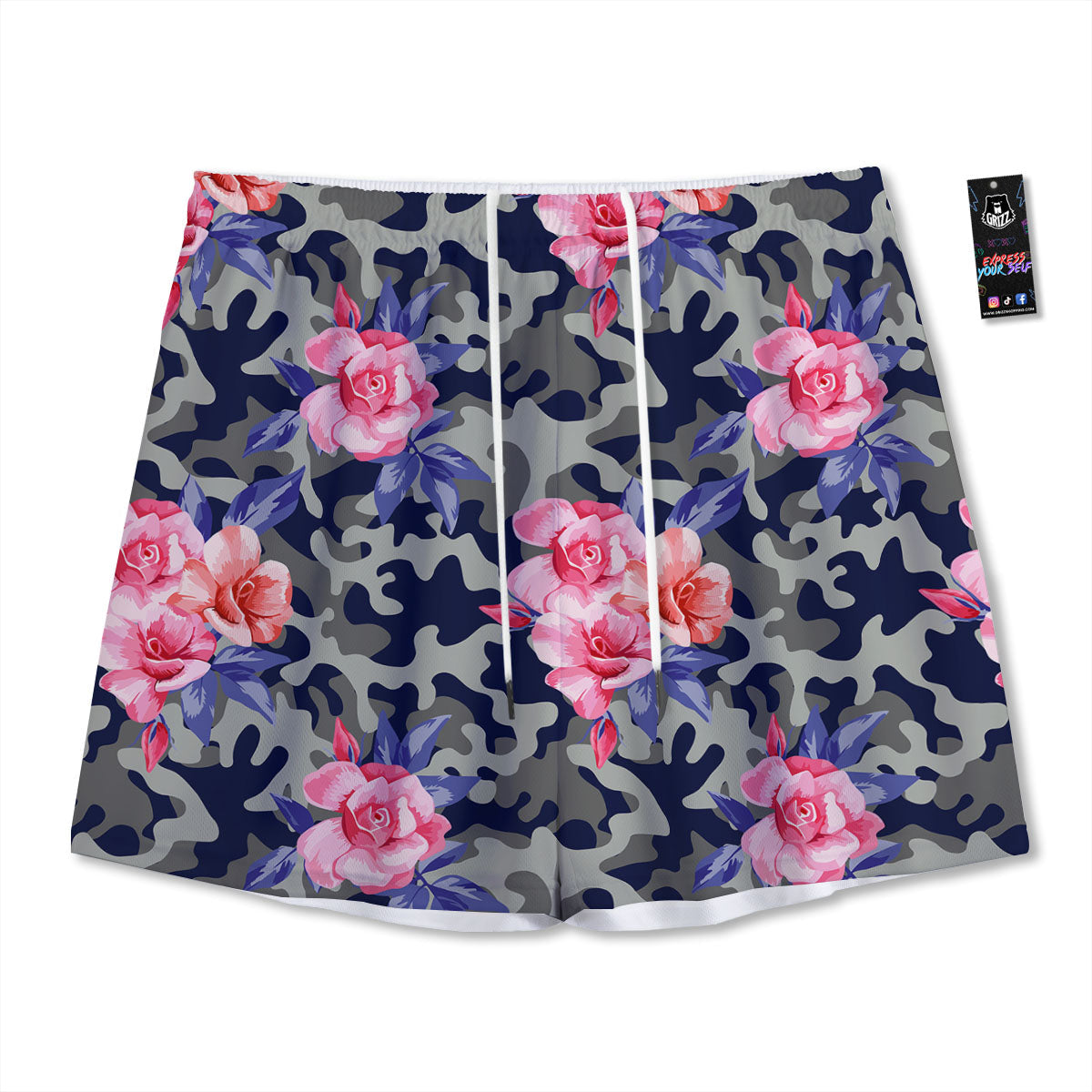 Camouflage Flower Pink Rose Print Mesh Shorts