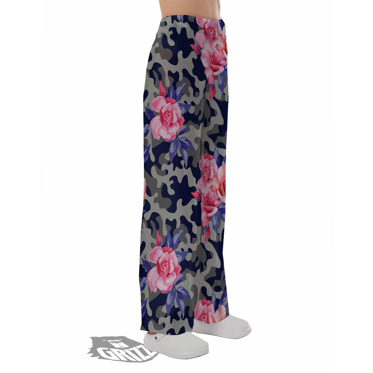 Camouflage Flower Pink Rose Print Pajama Pants-grizzshop