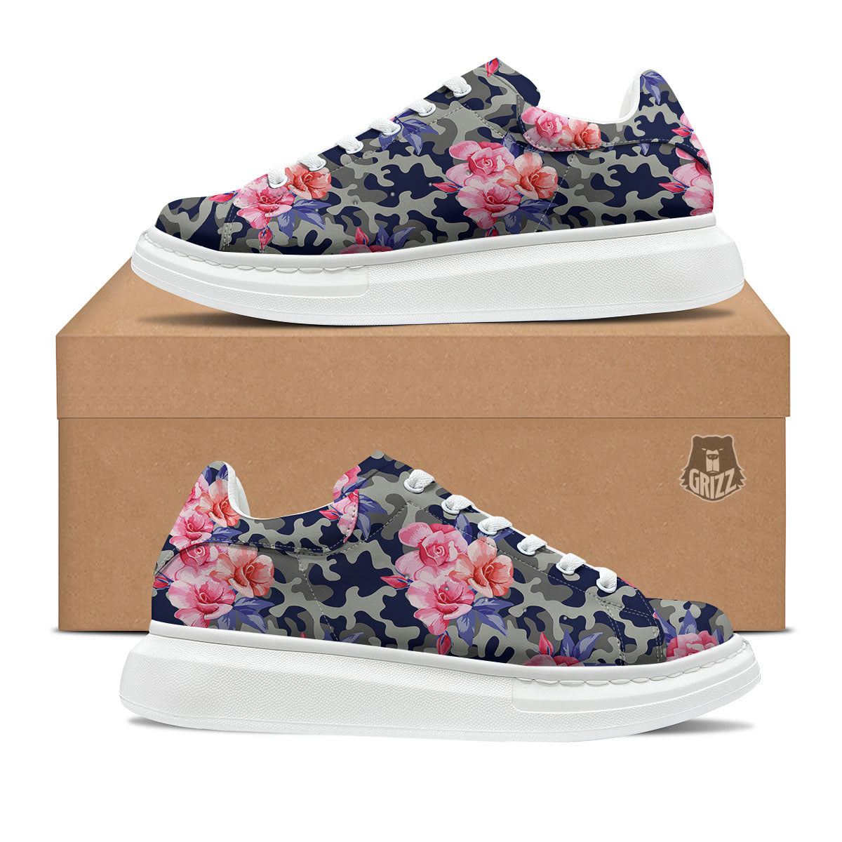 Camouflage Flower Pink Rose Print Platform Shoes-grizzshop