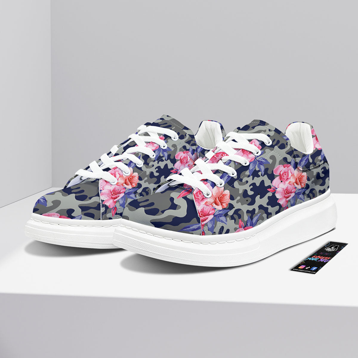 Camouflage Flower Pink Rose Print Platform Shoes-grizzshop