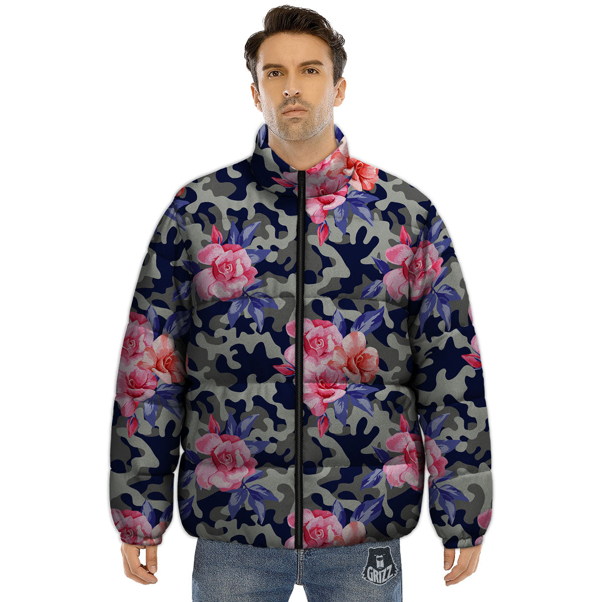 Camouflage Flower Pink Rose Print Puffer Jacket-grizzshop