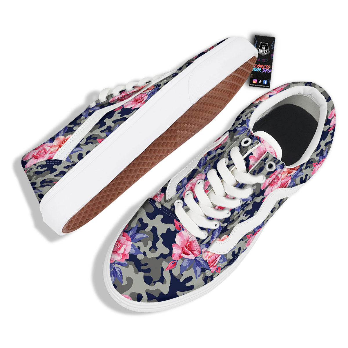 Camouflage Flower Pink Rose Print Skate Shoes-grizzshop