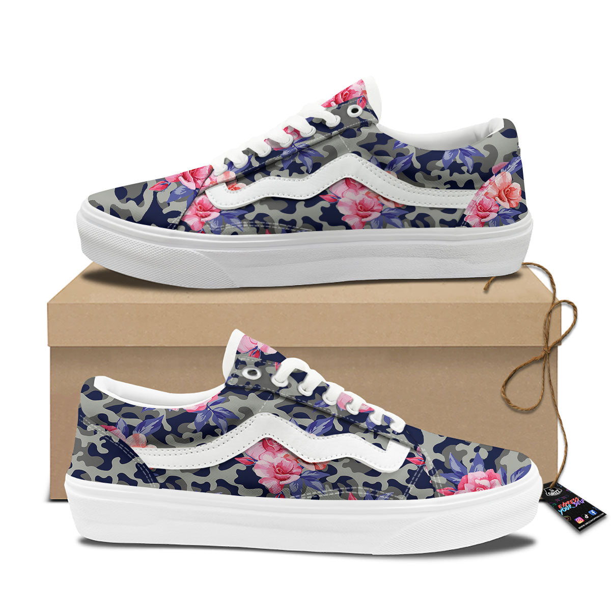 Camouflage Flower Pink Rose Print Skate Shoes-grizzshop