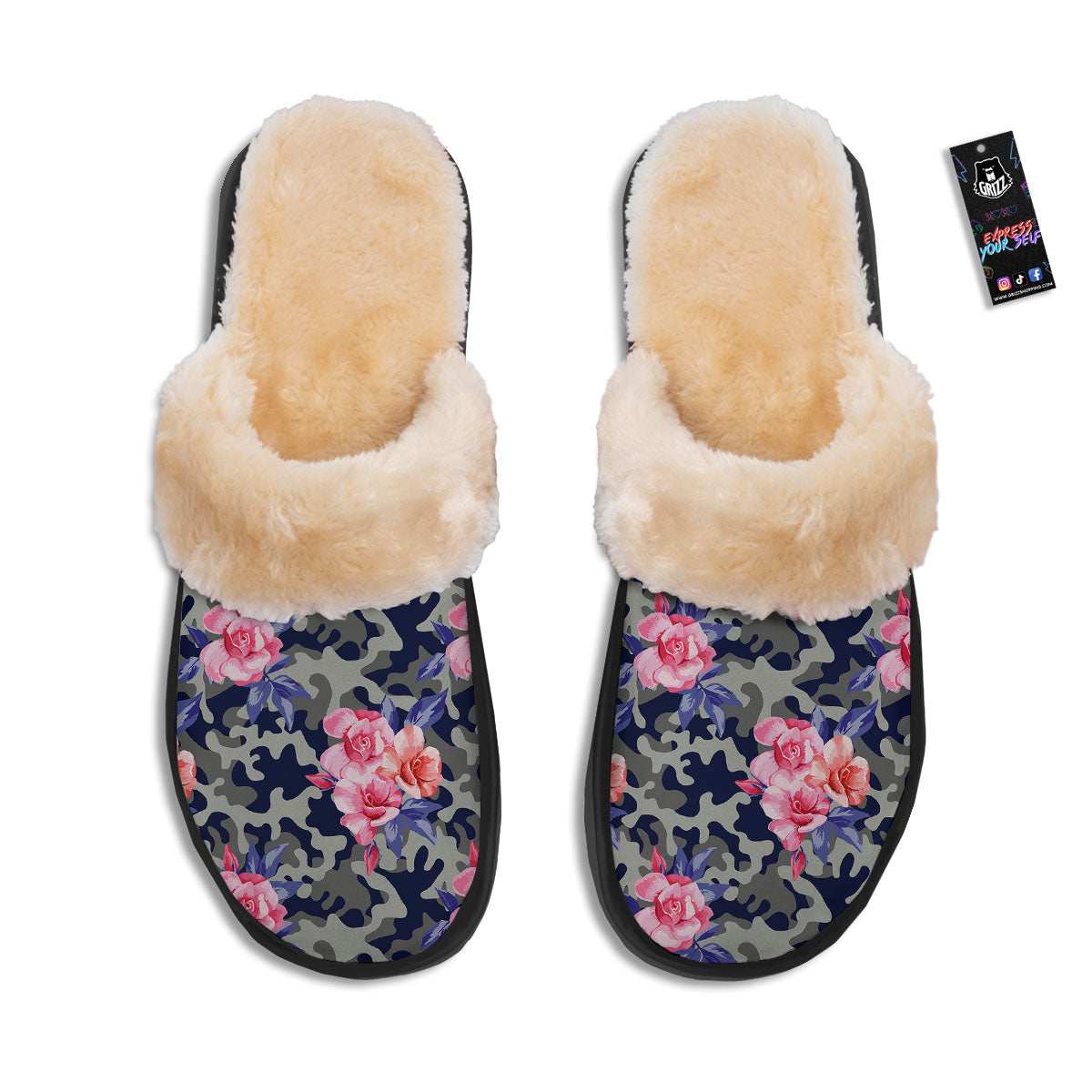 Camouflage Flower Pink Rose Print Slippers-grizzshop