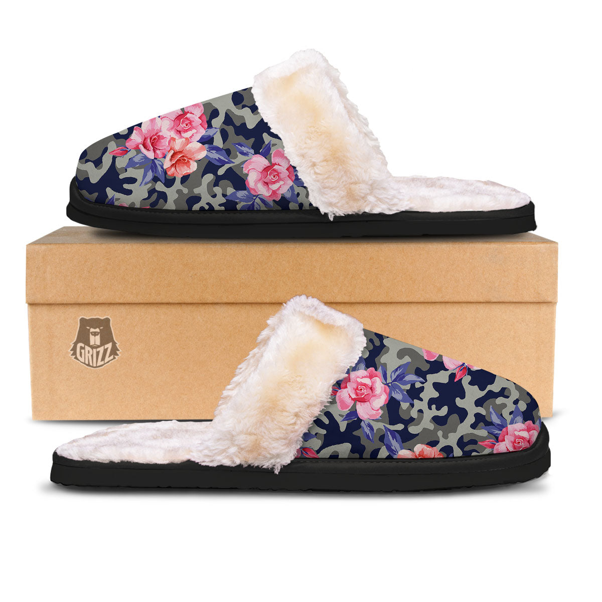 Camouflage Flower Pink Rose Print Slippers-grizzshop