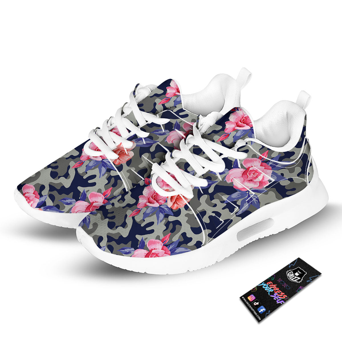 Camouflage Flower Pink Rose Print Tennis Shoes-grizzshop