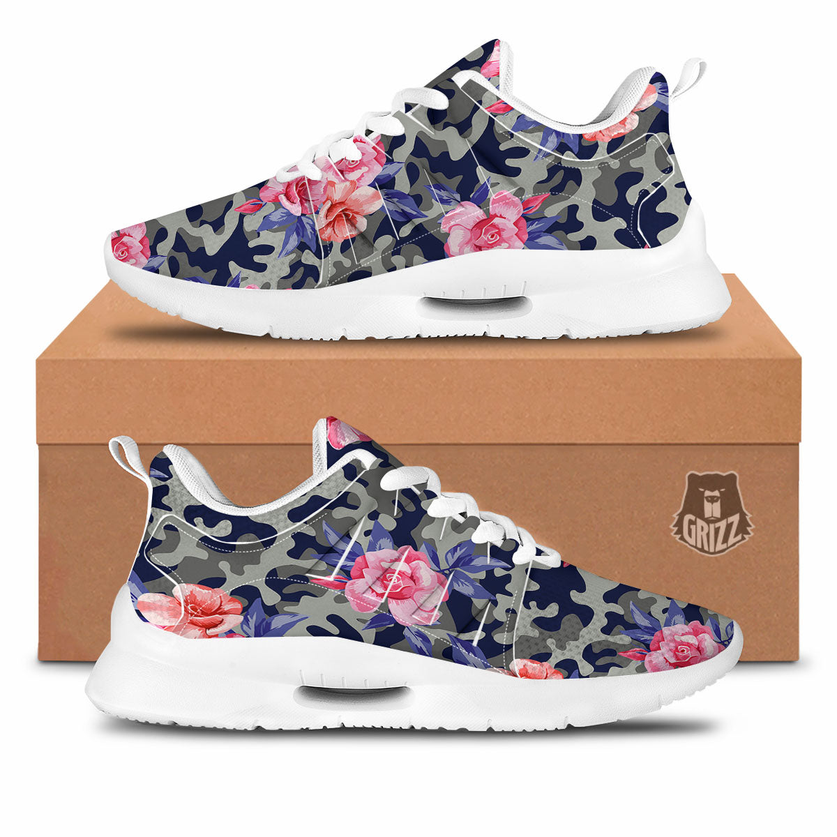 Camouflage Flower Pink Rose Print Tennis Shoes-grizzshop