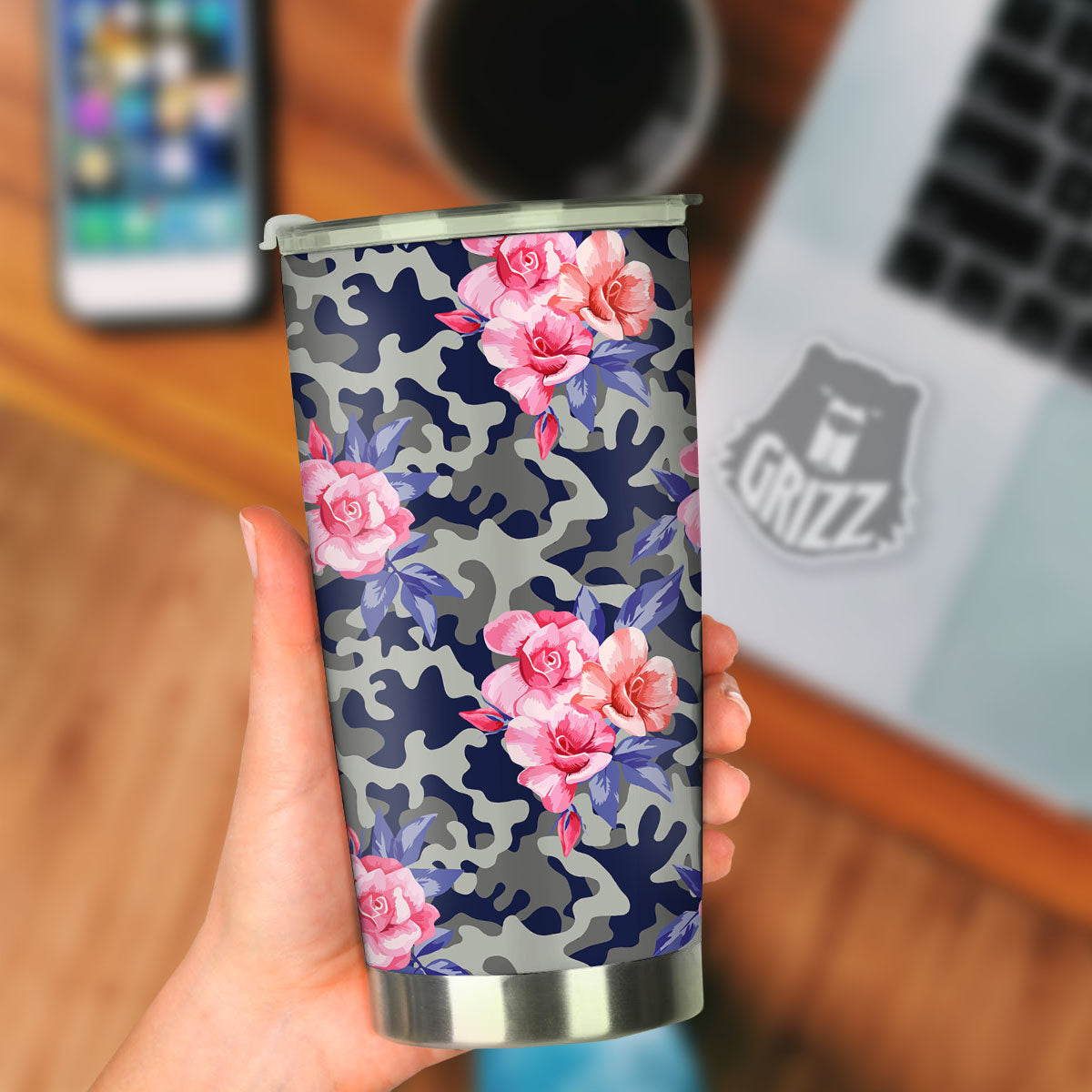 Camouflage Flower Pink Rose Print Tumbler-grizzshop