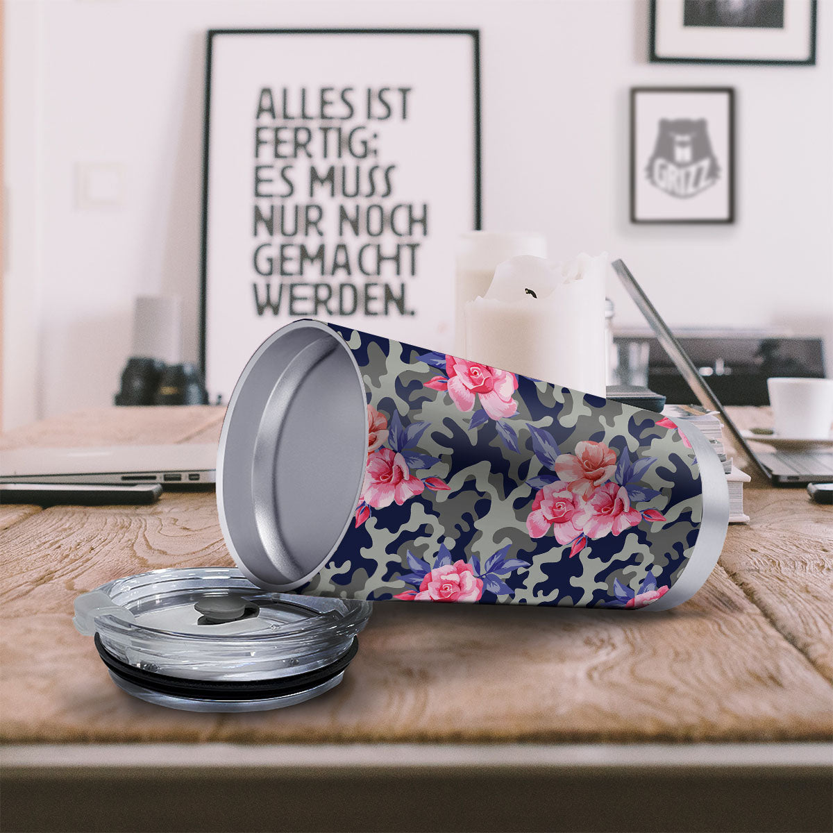 Camouflage Flower Pink Rose Print Tumbler-grizzshop