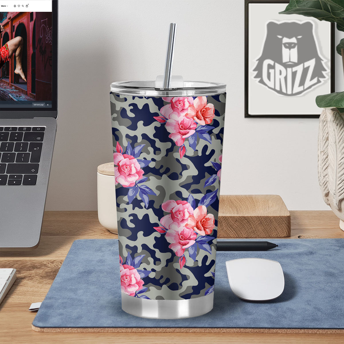 Camouflage Flower Pink Rose Print Tumbler-grizzshop