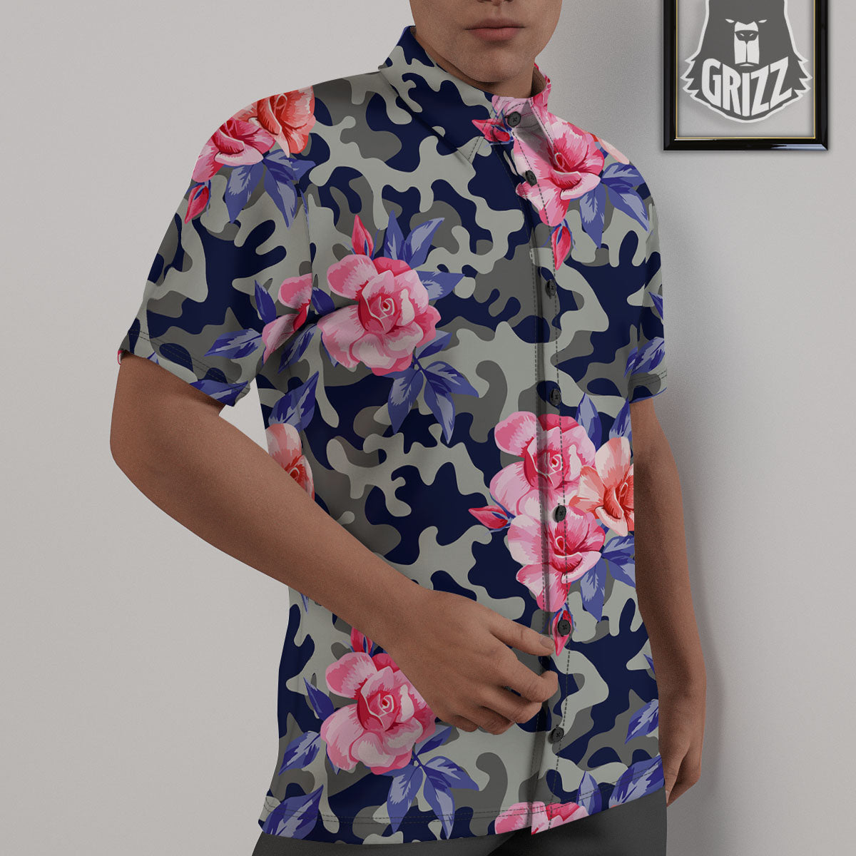Camouflage Flower Pink Rose Print Untucked Shirts-grizzshop