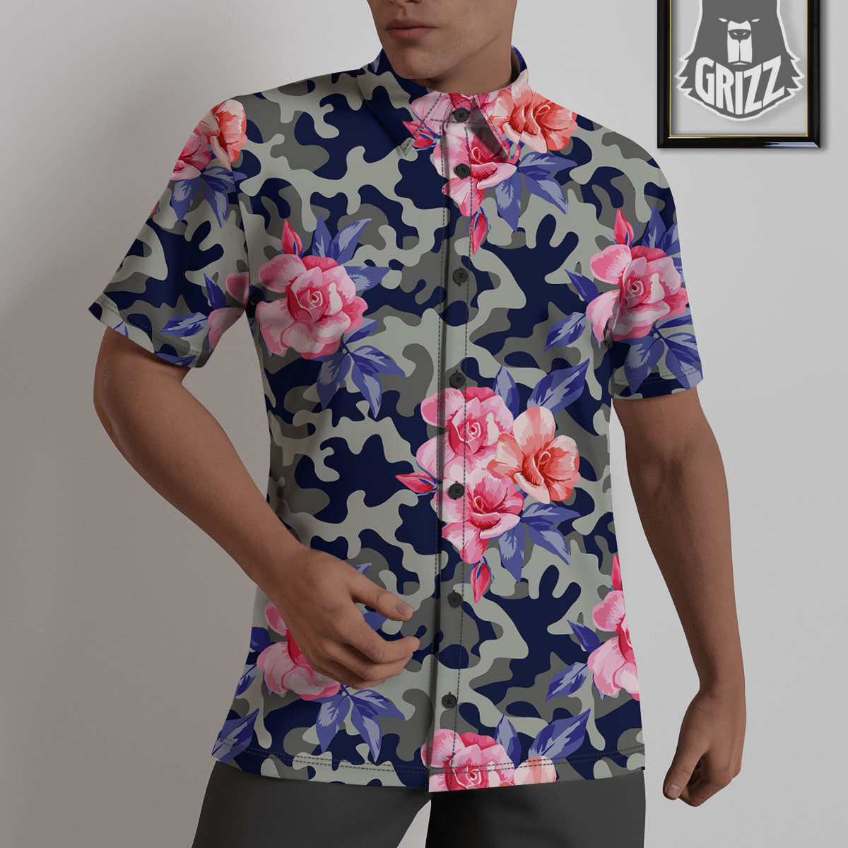 Camouflage Flower Pink Rose Print Untucked Shirts-grizzshop