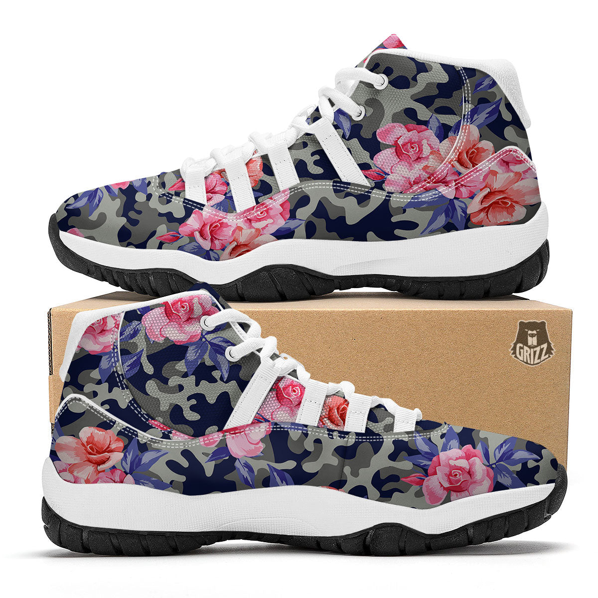 Camouflage Flower Pink Rose Print White Bball Shoes-grizzshop