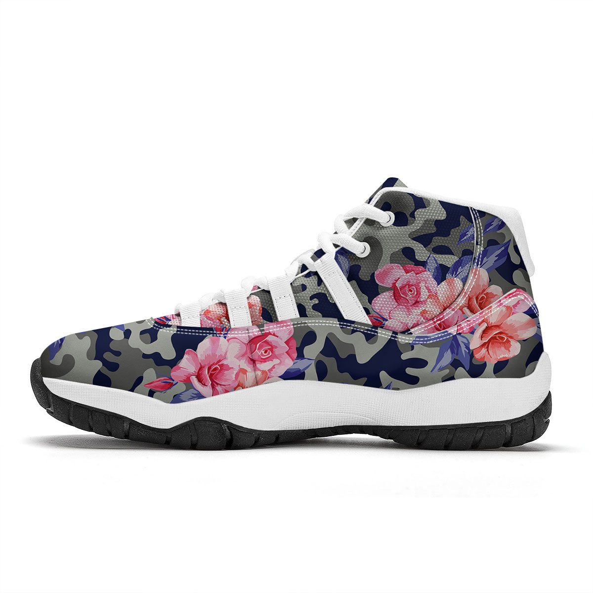 Camouflage Flower Pink Rose Print White Bball Shoes-grizzshop