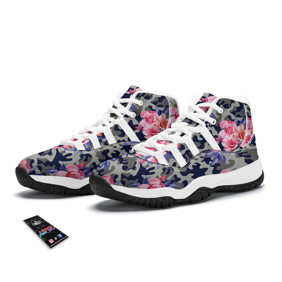 Camouflage Flower Pink Rose Print White Bball Shoes-grizzshop
