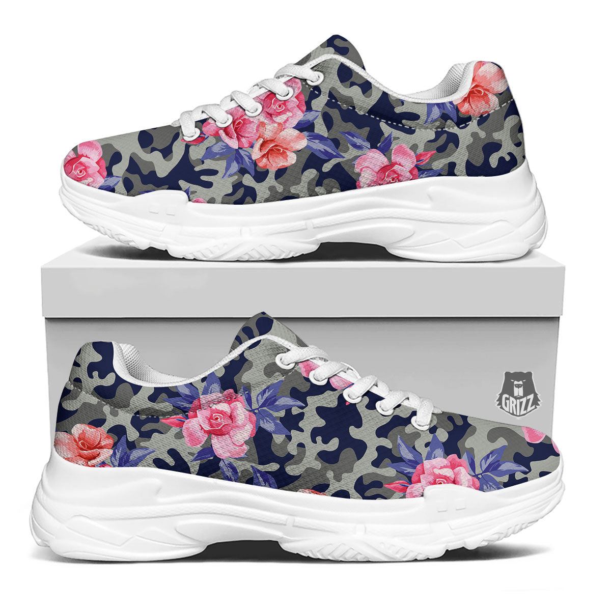 Camouflage Flower Pink Rose Print White Chunky Shoes-grizzshop