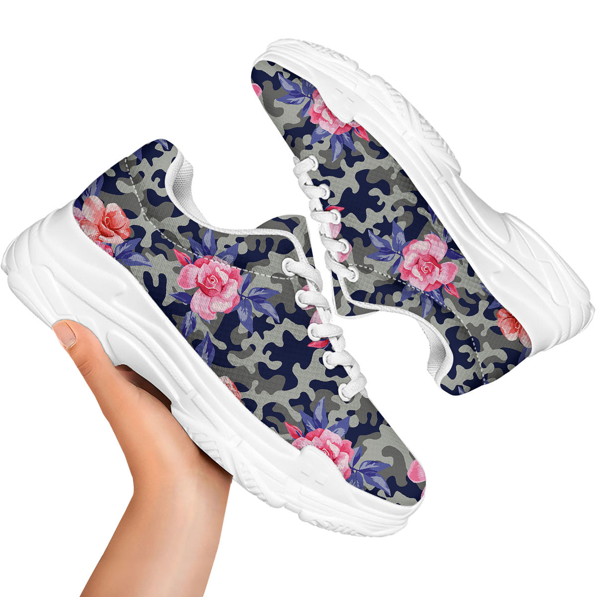 Camouflage Flower Pink Rose Print White Chunky Shoes-grizzshop