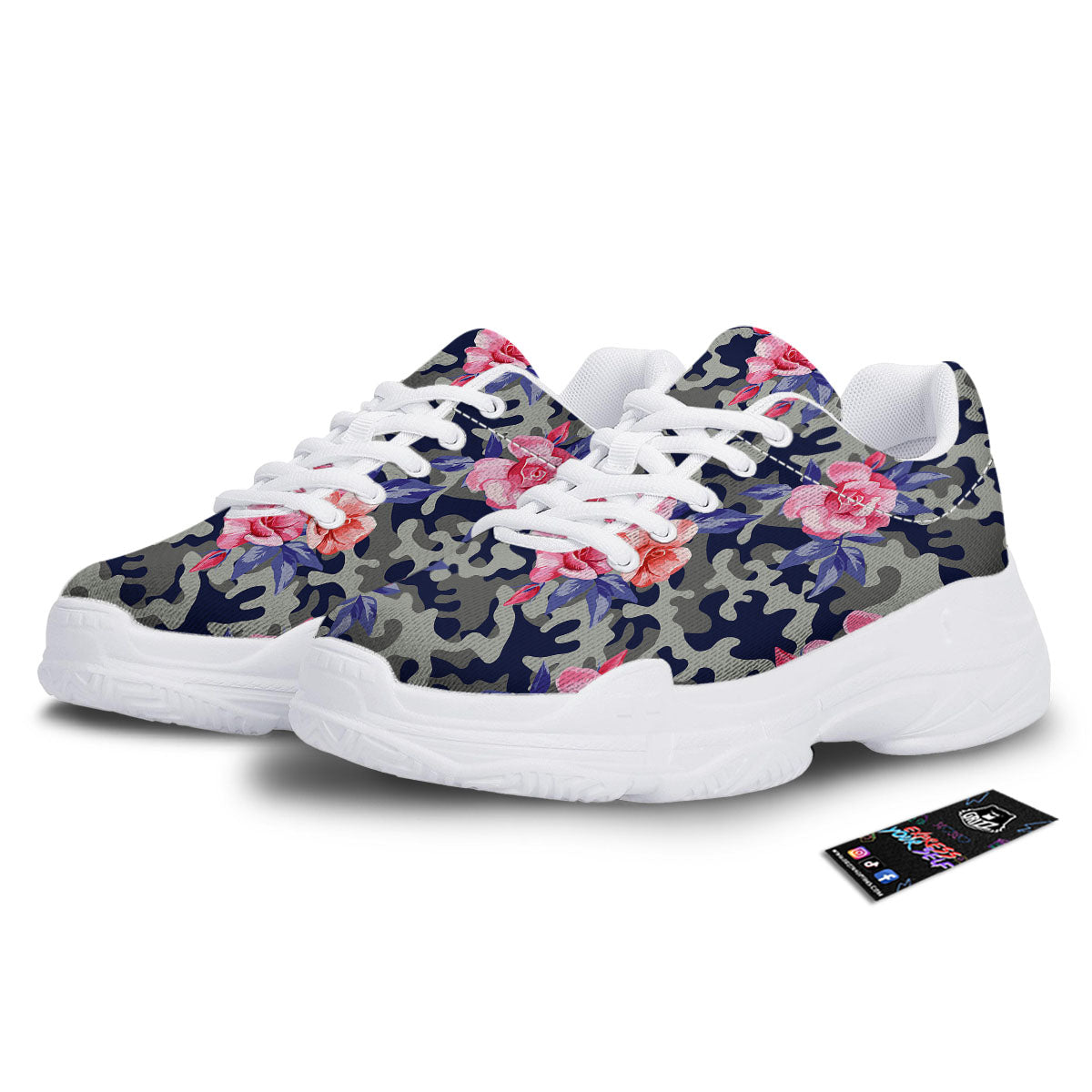 Camouflage Flower Pink Rose Print White Chunky Shoes-grizzshop