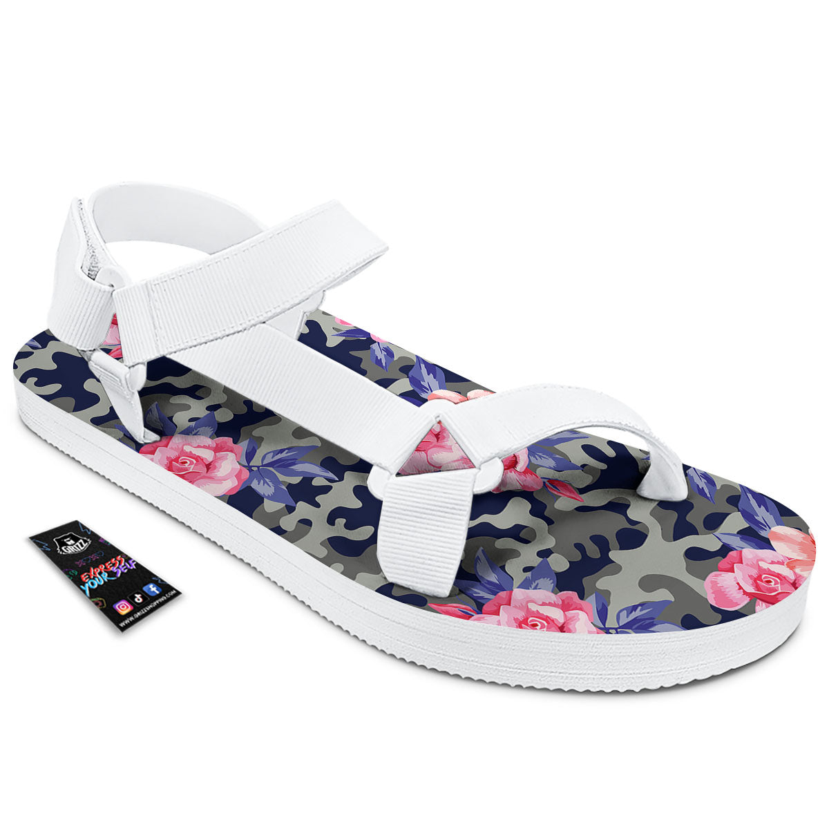 Camouflage Flower Pink Rose Print White Open Toe Sandals-grizzshop