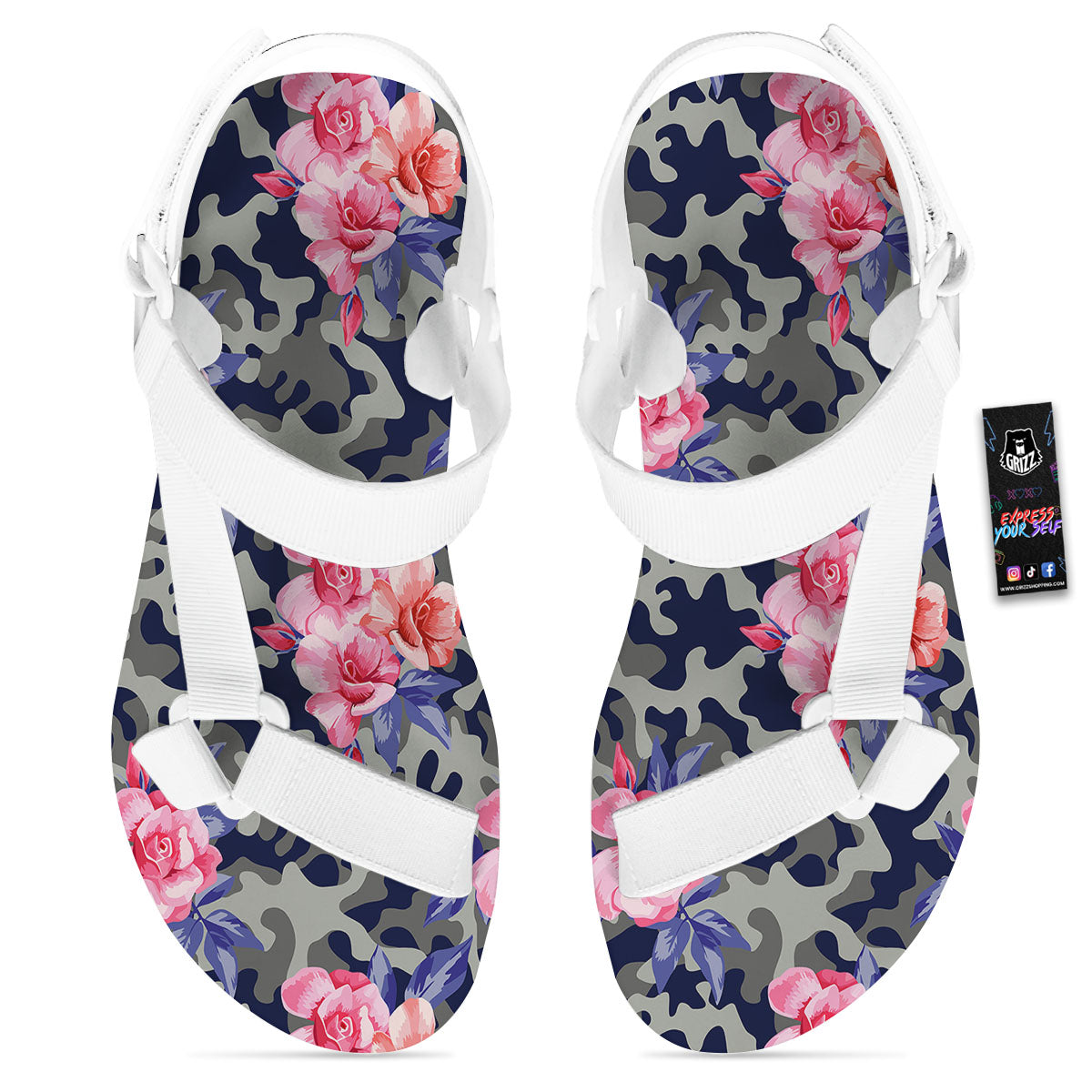 Camouflage Flower Pink Rose Print White Open Toe Sandals-grizzshop