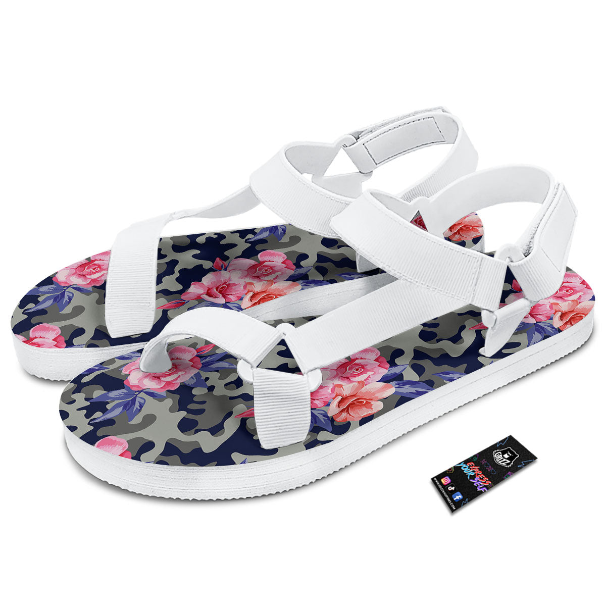Camouflage Flower Pink Rose Print White Open Toe Sandals-grizzshop