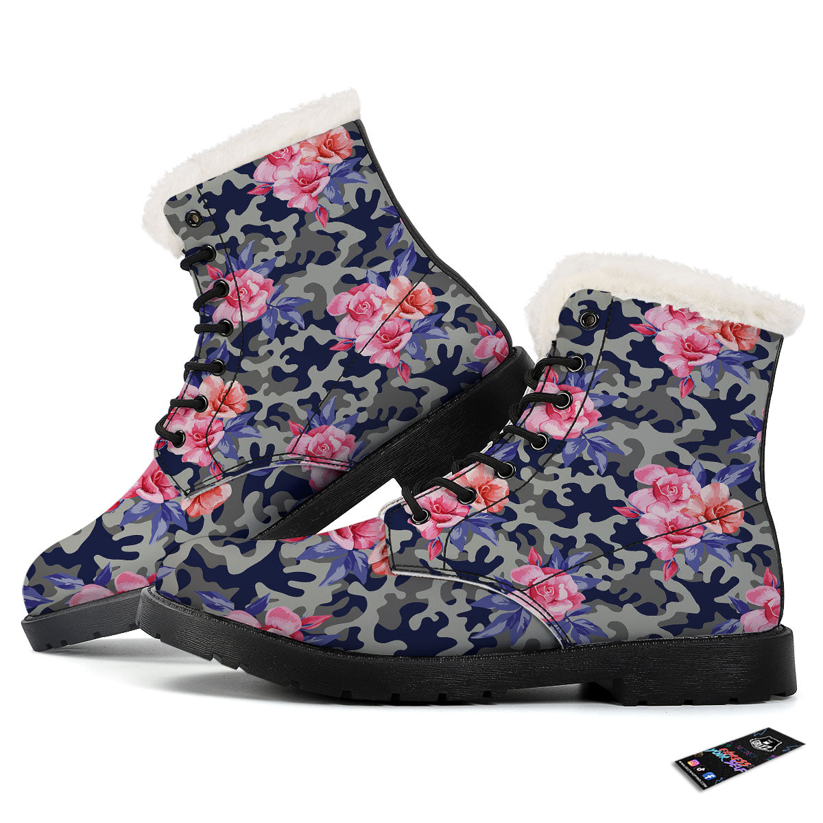 Camouflage Flower Pink Rose Print Winter Boots-grizzshop