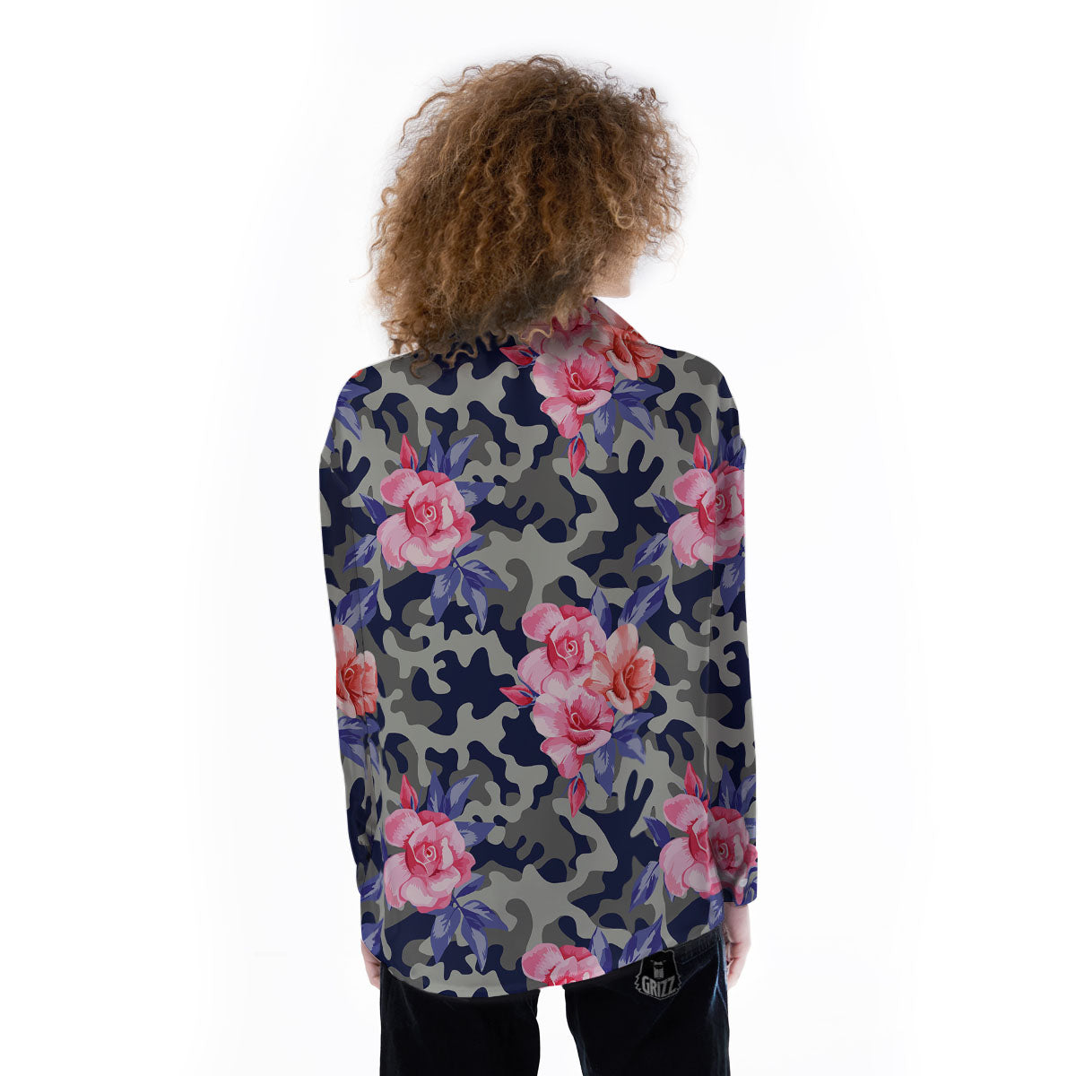 Camouflage Flower Pink Rose Print Women's Long Sleeve Shirts-grizzshop