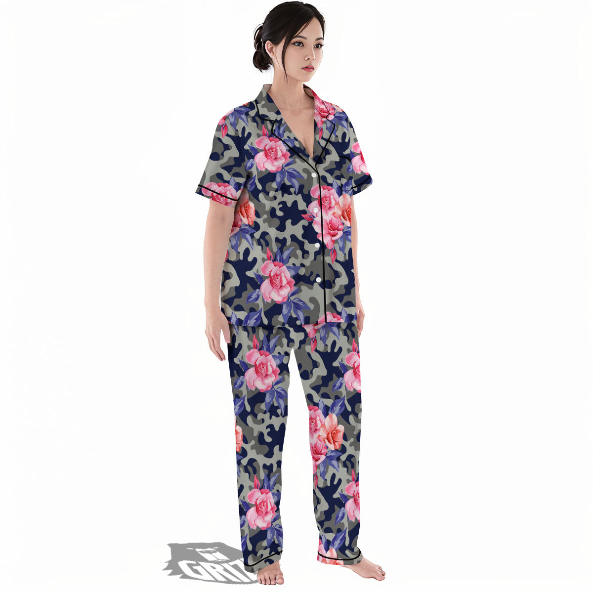 Camouflage Flower Pink Rose Print Women's Pajamas Set-grizzshop