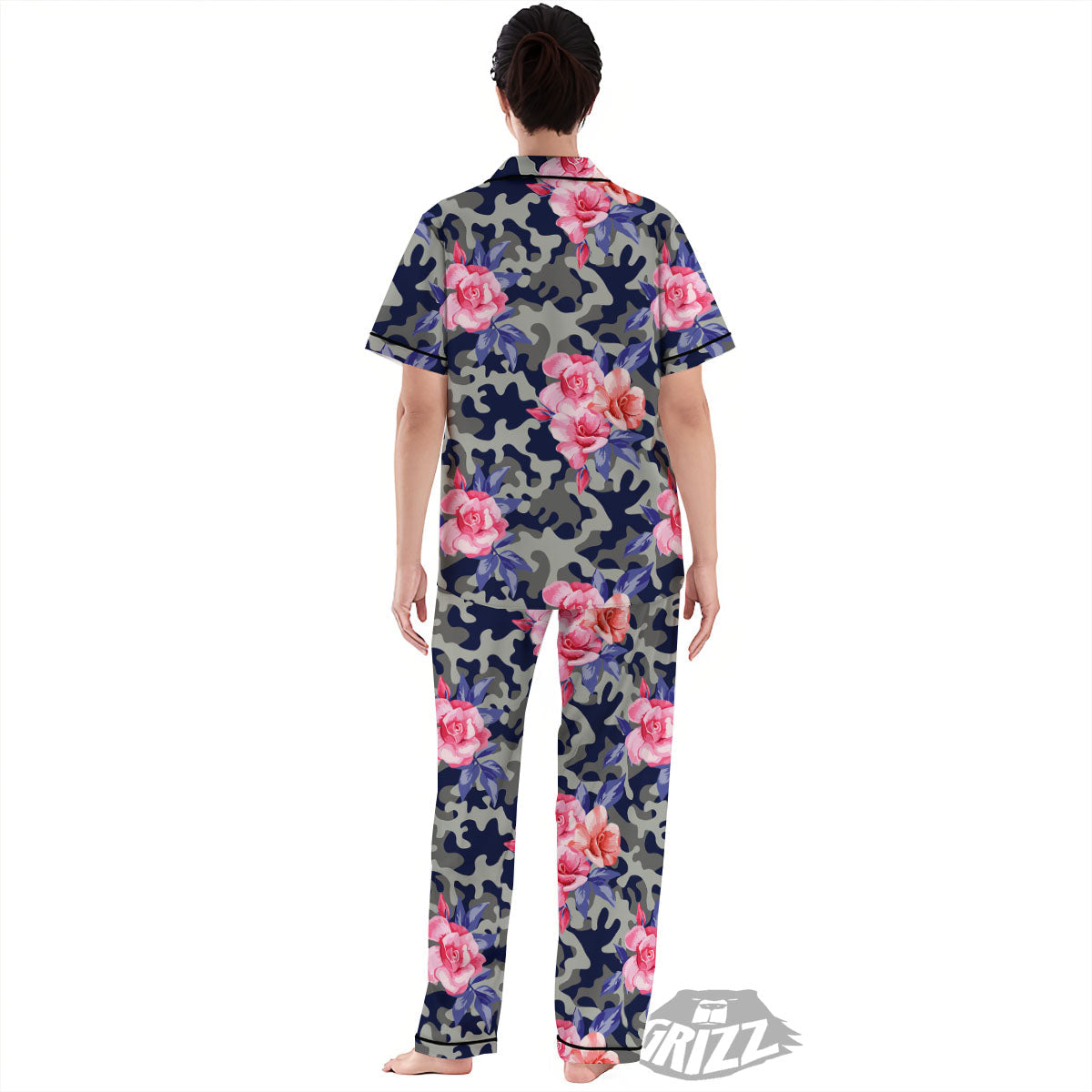Camouflage Flower Pink Rose Print Women's Pajamas Set-grizzshop