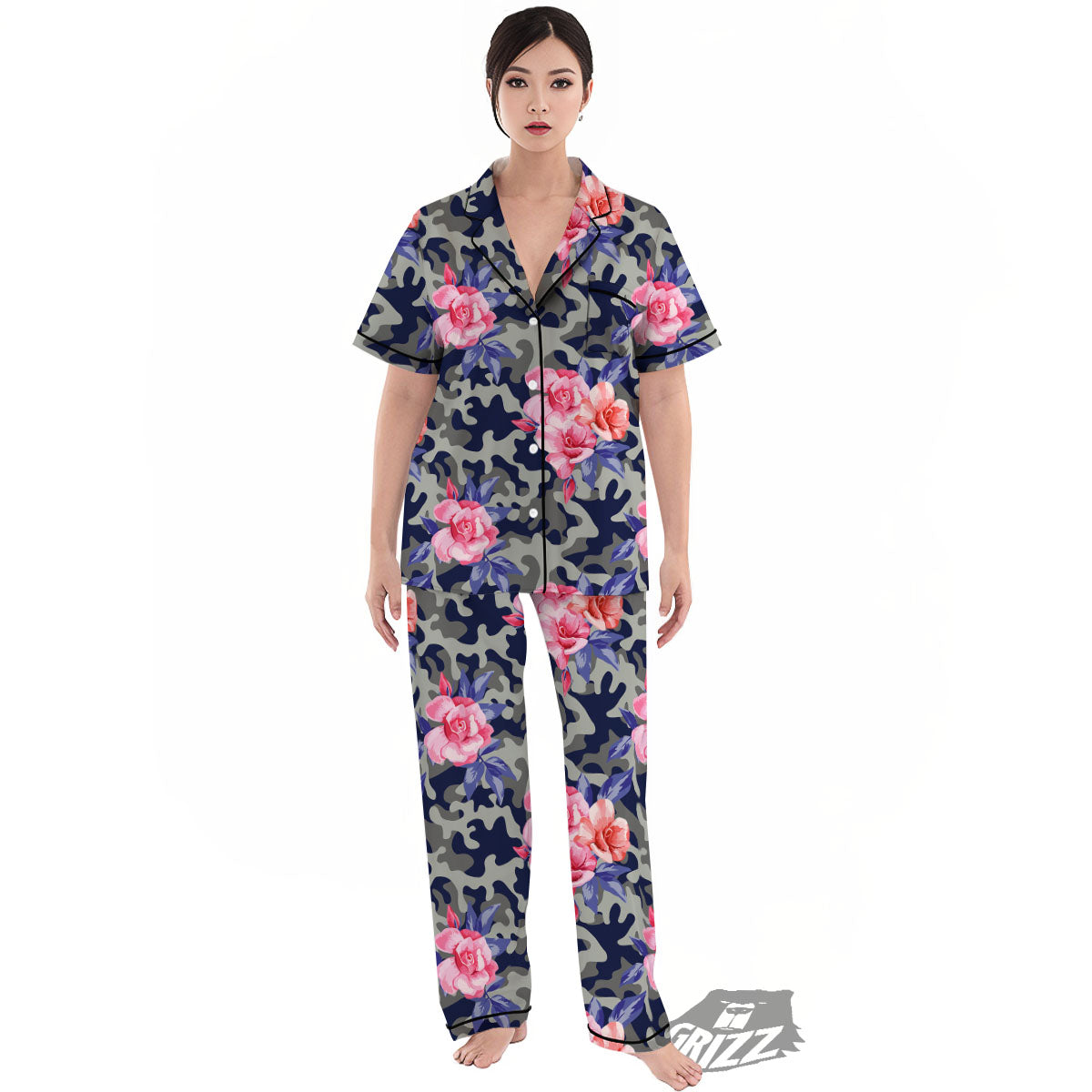 Camouflage Flower Pink Rose Print Women's Pajamas Set-grizzshop