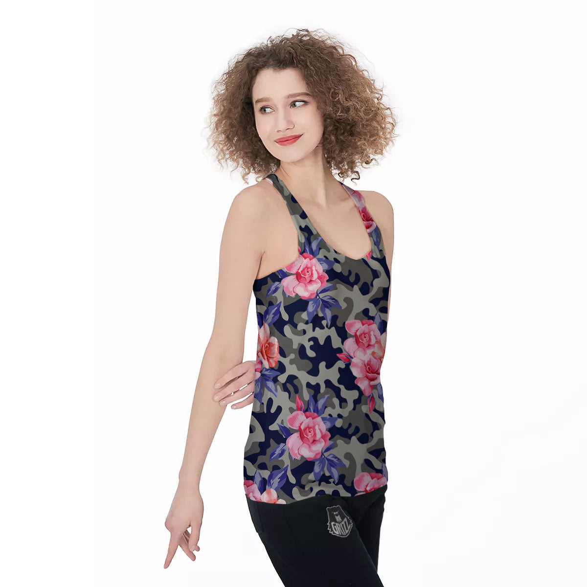Camouflage Flower Pink Rose Print Women's Racerback Tank Top-grizzshop