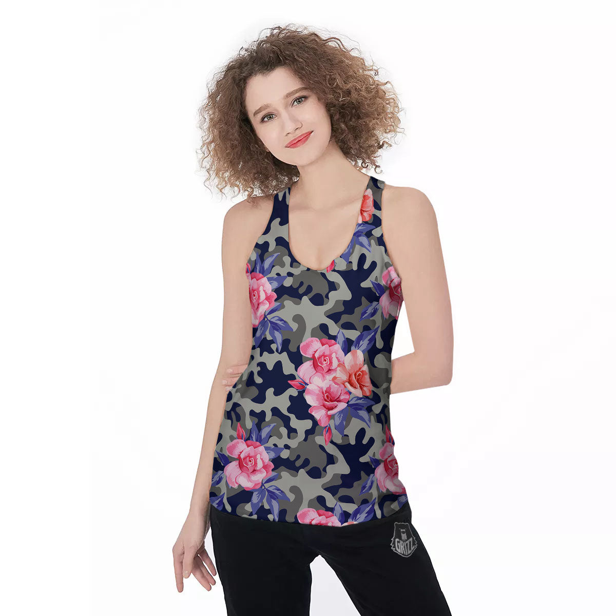 Camouflage Flower Pink Rose Print Women's Racerback Tank Top-grizzshop
