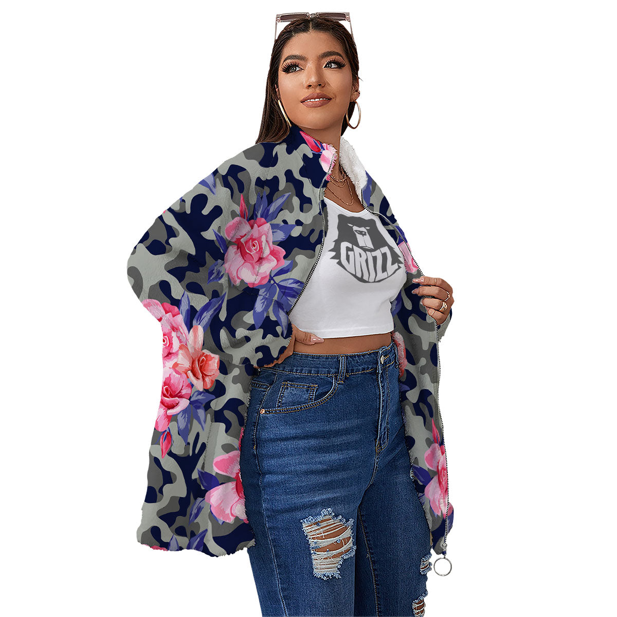 Camouflage Flower Pink Rose Print Women's Sherpa Jacket-grizzshop