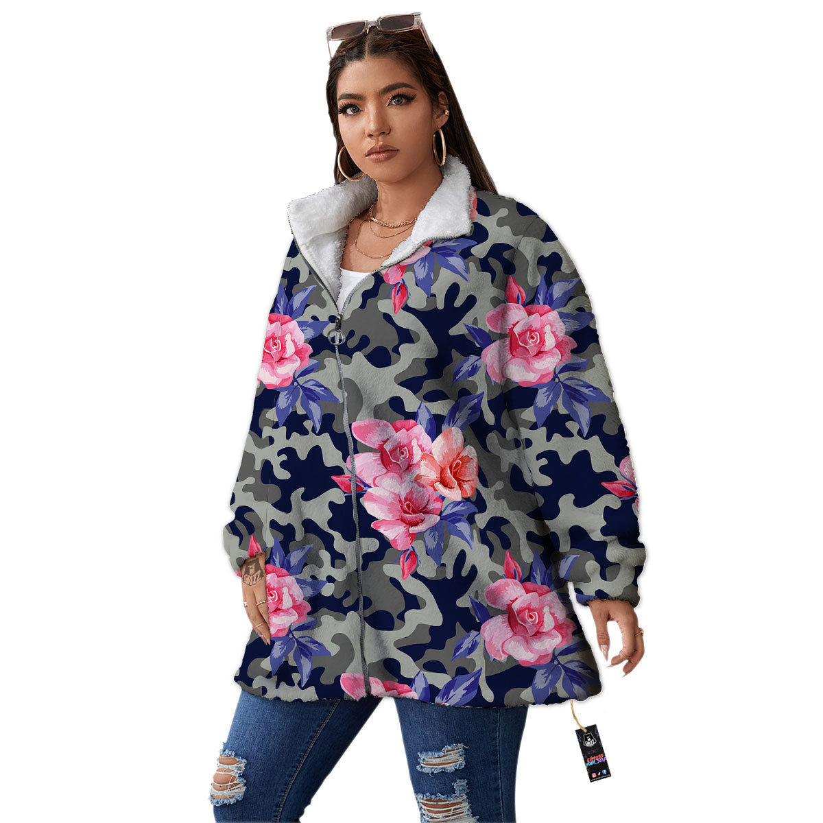 Camouflage Flower Pink Rose Print Women's Sherpa Jacket-grizzshop