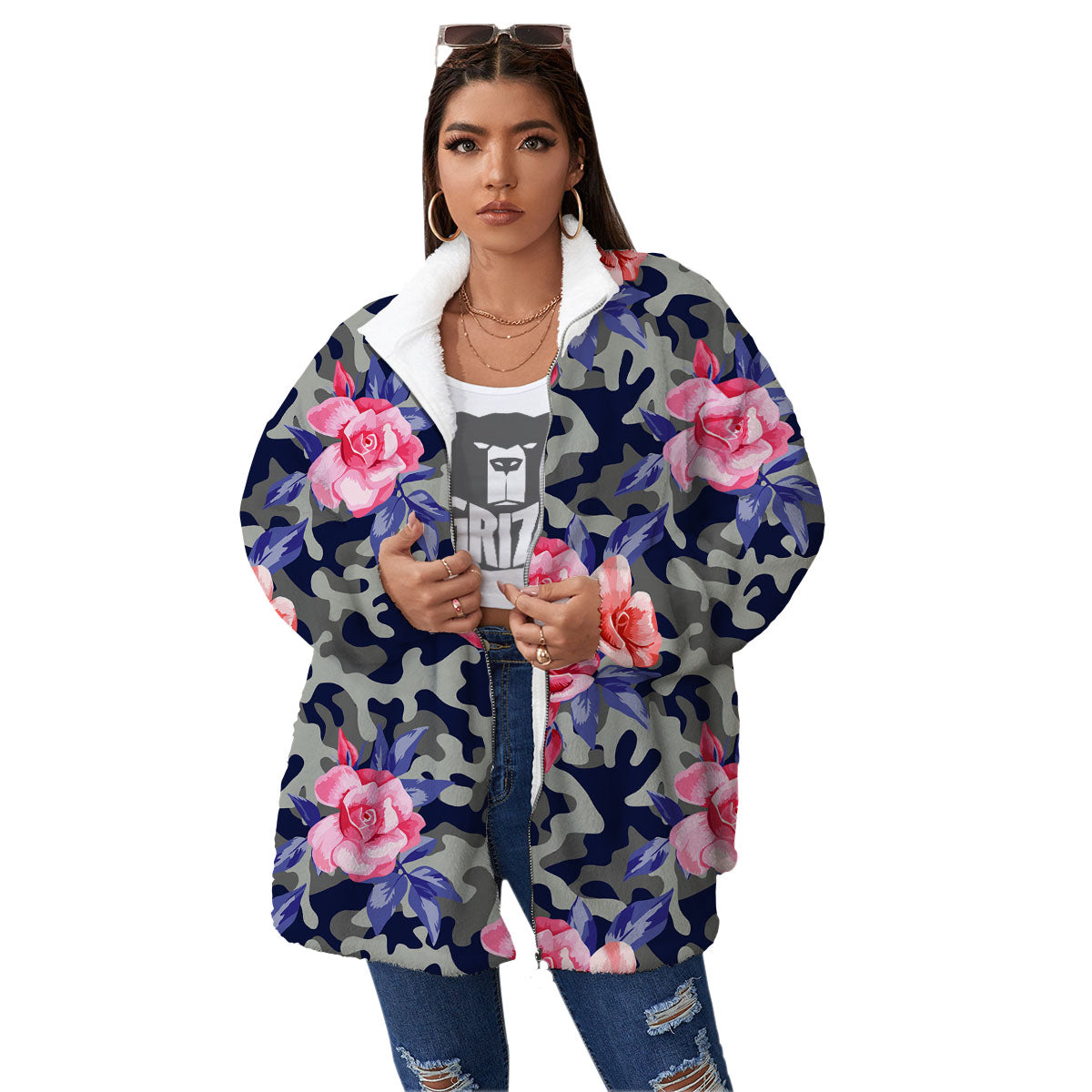 Camouflage Flower Pink Rose Print Women's Sherpa Jacket-grizzshop