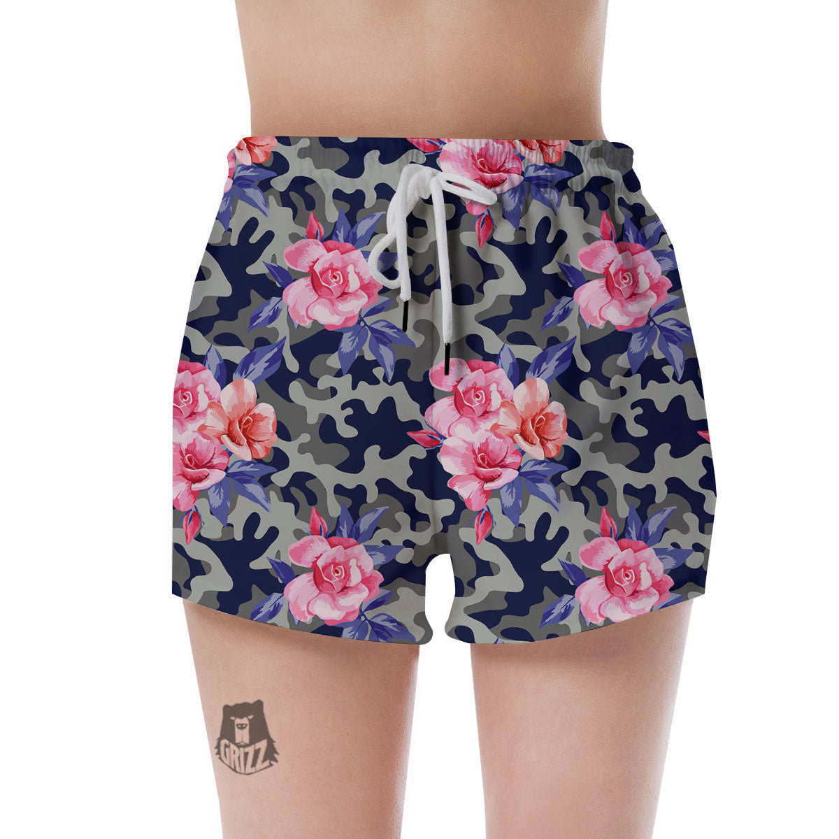 Camouflage Flower Pink Rose Print Women's Shorts-grizzshop