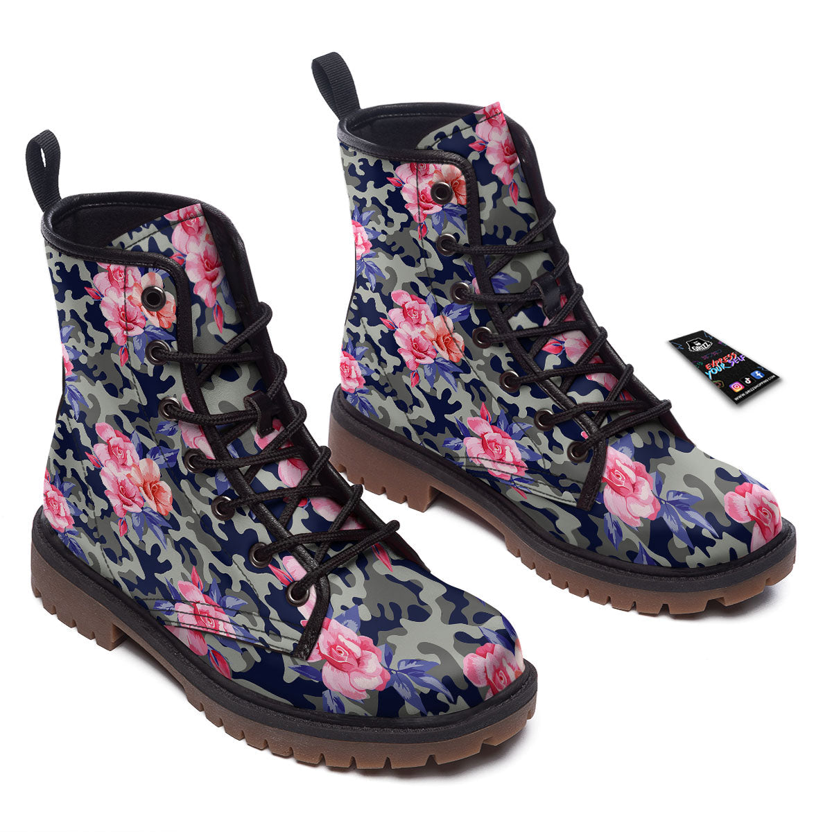 Camouflage Flower Pink Rose Print Work Boots-grizzshop