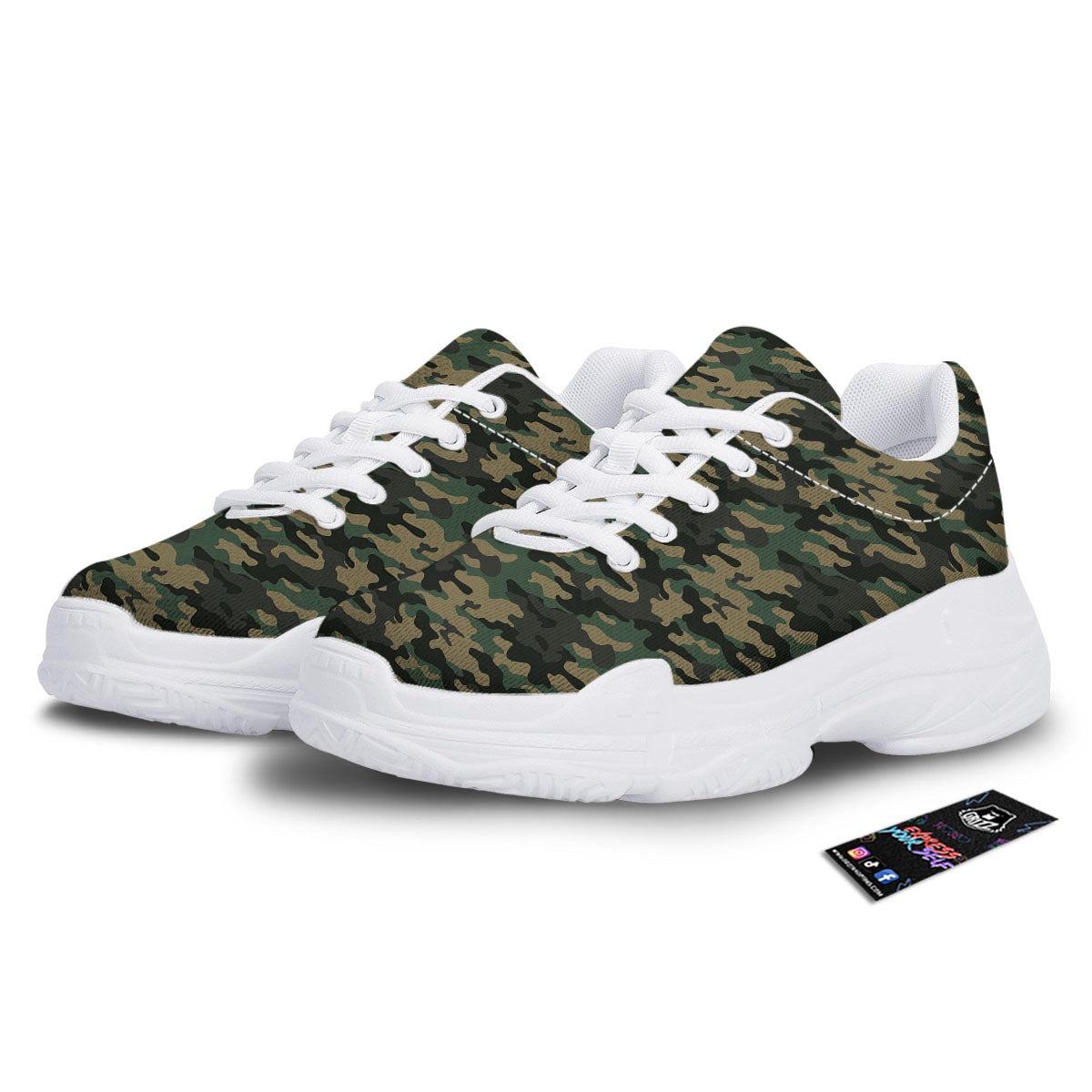 Camouflage Forest Green Print White Chunky Shoes-grizzshop