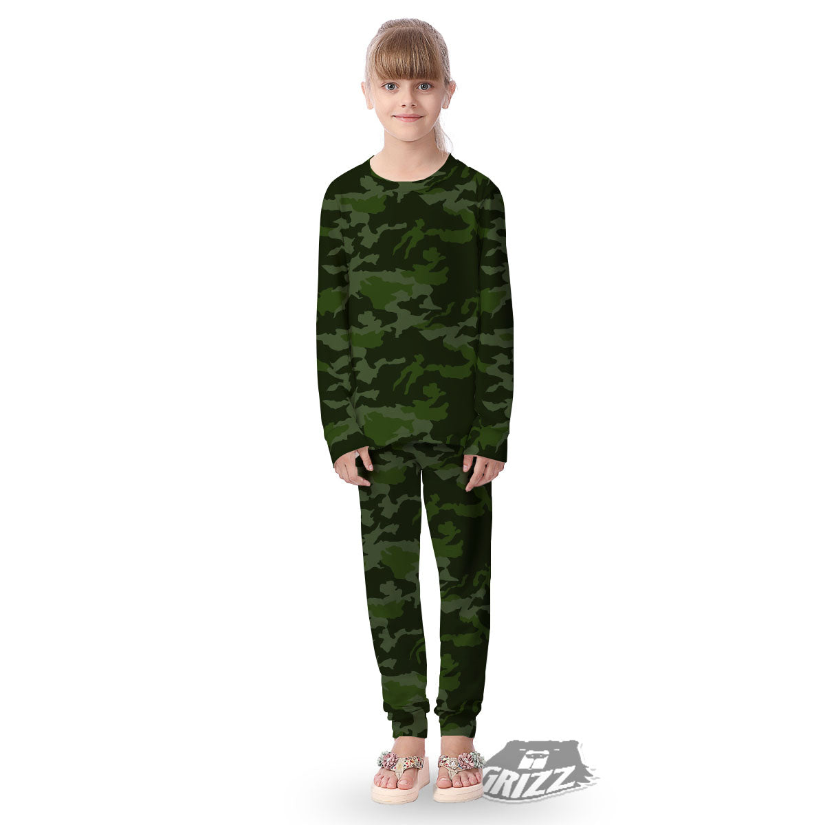Camouflage Green And Black Print Kid's Pajamas-grizzshop