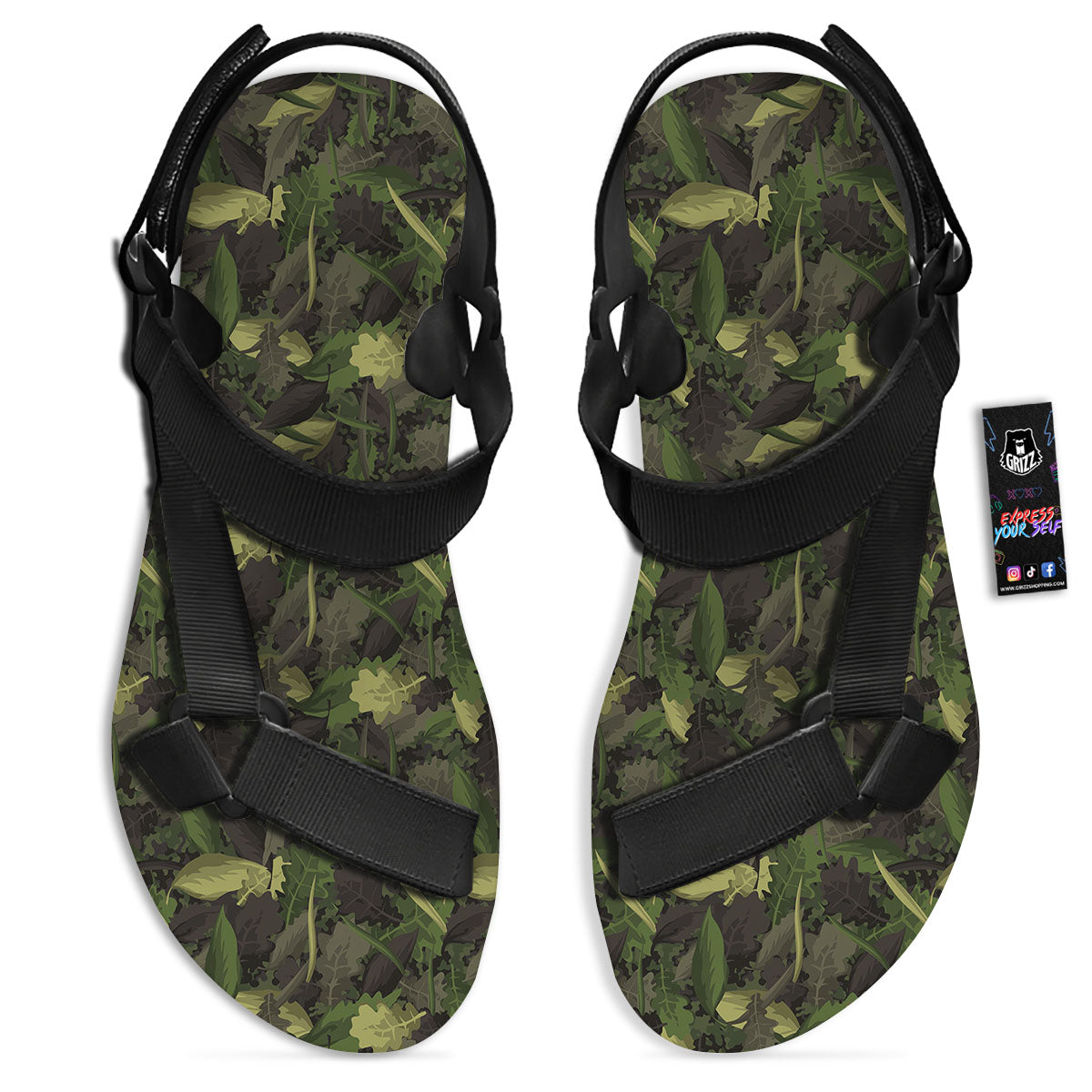 Camouflage Hunting Oak Tree Print Black Open Toe Sandals-grizzshop