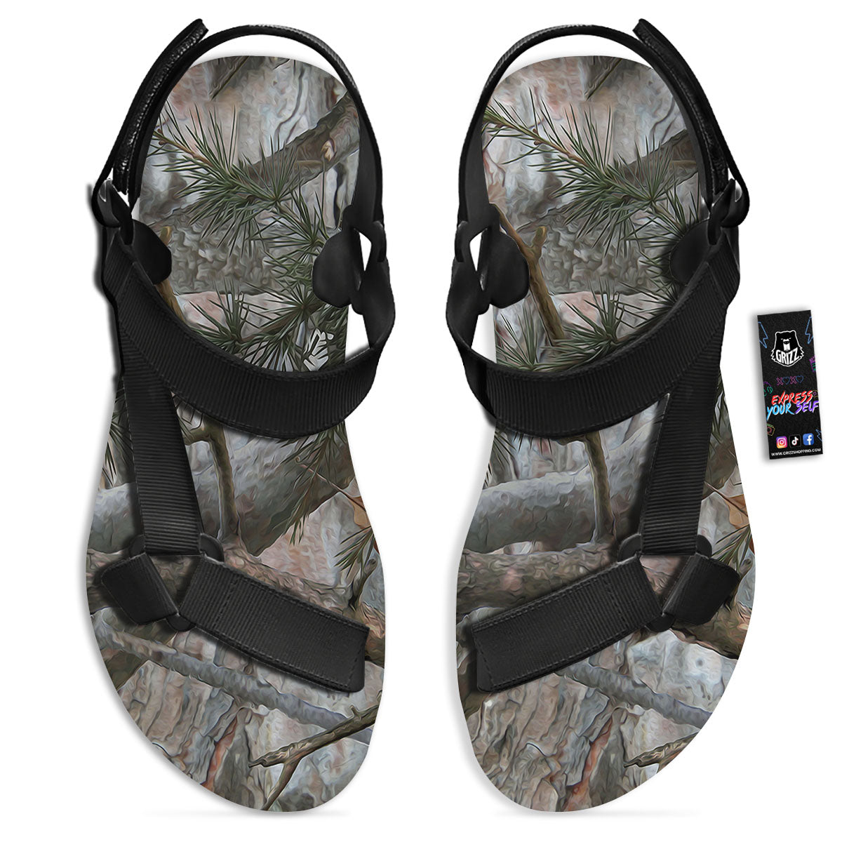 Camouflage Hunting Print Pattern Black Open Toe Sandals-grizzshop